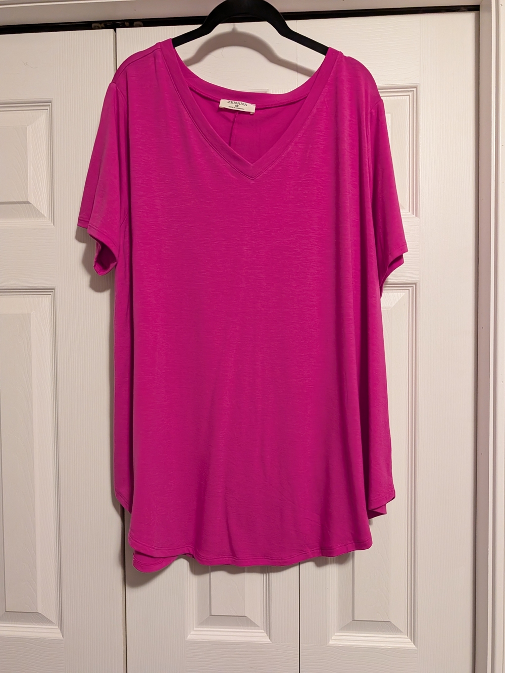 Zenana Outfitters V-Neck Short Sleeve Top in Bright Pink
